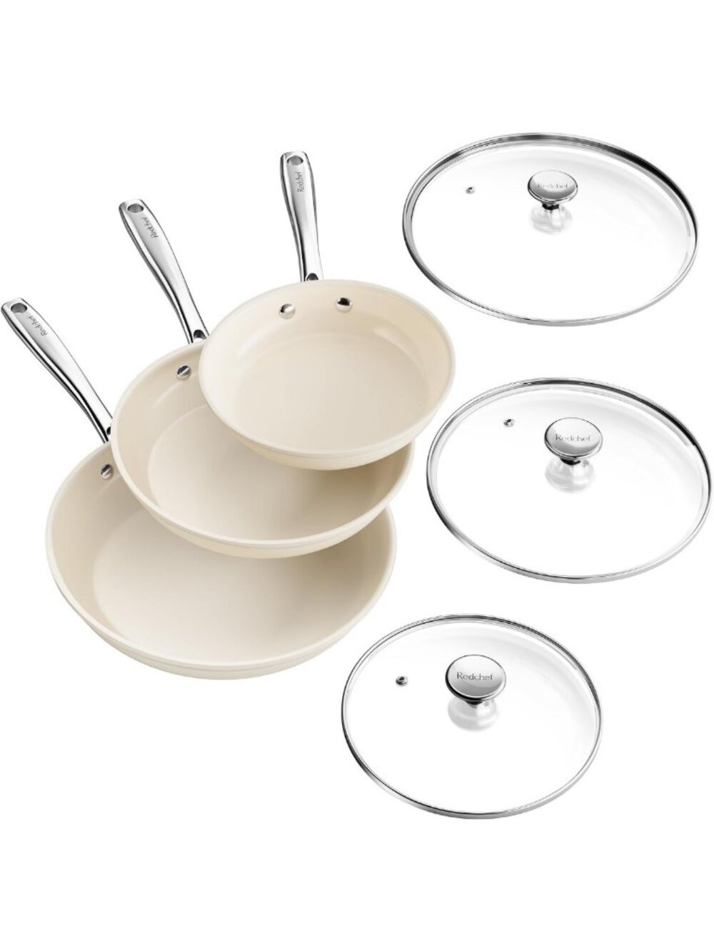 Nonstick Frying Pan Set - 8", 9.5", 11" Cookware, Beige & White, Easy Clean